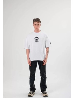 Aesco Unisex Bisiklet Yaka Baskılı Oversize T-Shirt - Beyaz