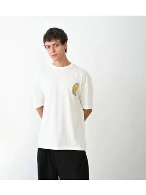 Aesco Unisex Bisiklet Yaka Baskılı Oversize T-Shirt - Beyaz