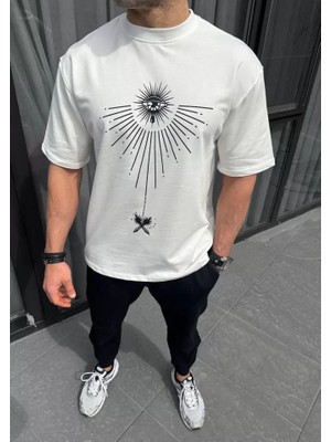 Aesco Unisex Bisiklet Yaka Baskılı Oversize T-Shirt - Beyaz