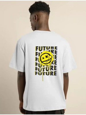 Aesco Unisex Bisiklet Yaka Baskılı Oversize T-Shirt - Beyaz