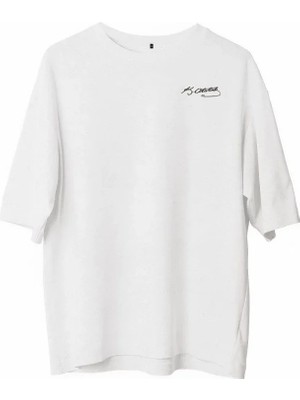 Aesco Unisex Bisiklet Yaka Baskılı Oversize T-Shirt - Beyaz