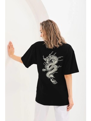 Glam Love Baskılı Oversize T-Shirt - Siyah -