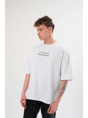 Aesco Unisex Bisiklet Yaka Baskılı Oversize T-Shirt - Beyaz