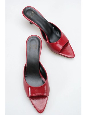 Sermoda Topuklu Kadın Terlik - 5 cm Ince Topuklu Sivri Burun Kadın Terlik Bordo Yanki