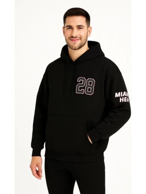 Aesco Üç Iplik Kapüşonlu Ön ve Arka Baskılı Sweatshirt Hoodie - Siyah