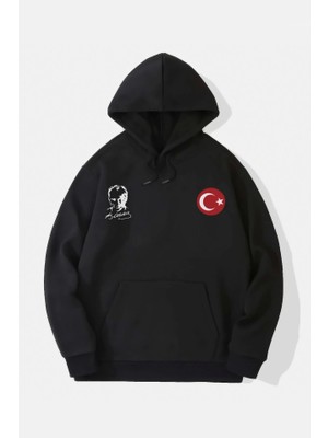 Aesco 10 Kasıma Özel Üç Iplik Kapşonlu Baskılı Sweatshirt - Siyah
