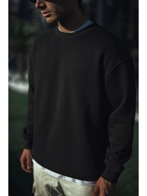 Aesco Kışlık Bisiklet Yaka Üç Iplik Basic Sweatshirt - Siyah