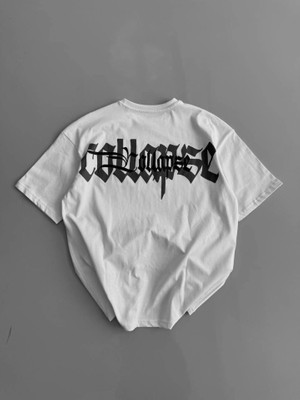 Aesco Baskılı Oversize Bisiklet Yaka T-Shirt - Beyaz