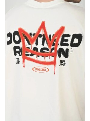 Aesco Unisex Bisiklet Yaka Baskılı Oversize T-Shirt - Beyaz