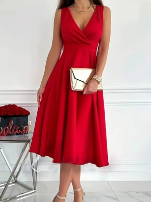 Aesco Kadın Ithal Krep Kumaş Kruvaze Yaka Eteği Kloş Kolsuz Mini Elbise