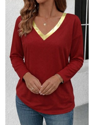 Aesco Kadın Uzun Kollu V Parlak Yaka Detaylı Viskon Bluz