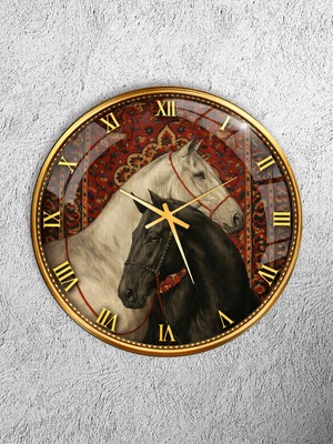 Olinpa Kırılmaz Cam Duvar Saati , Hem Tablo Hem Saat Yuvarlak Siyah Beyaz At Klasik Kırmızı Temalı Ev Ofis Hediyesi