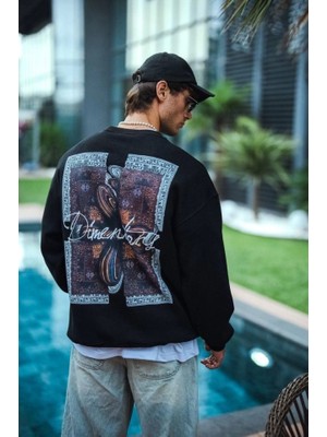 Aesco Uzun Kol Bisiklet Yaka Ön ve Arka Baskılı Sweatshirt - Siyah