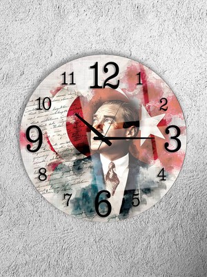 Olinpa Kırılmaz Cam Duvar Saati , Hem Tablo Hem Saat Yuvarlak Atatürk Temalı Ev Ofis Hediyesi