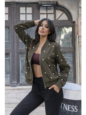 Aesco Kadın Uzun Kollu Önden Fermuarlı Incili Kısa Modal Ceket