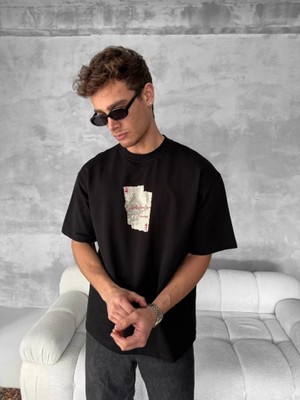 Aesco Ön ve Arka Baskılı Oversize Bisiklet Yaka T-Shirt - Siyah