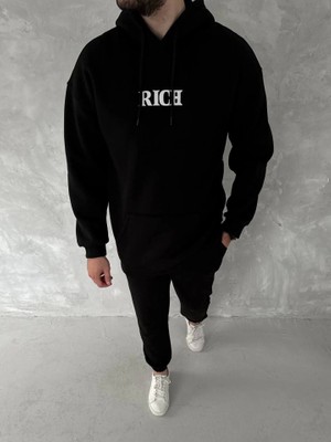 Aesco Uzun Kol Kapşonlu Göğüs Baskılı Sweatshirt - Siyah