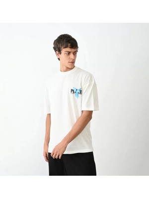 Aesco Unisex Bisiklet Yaka Baskılı Oversize T-Shirt - Beyaz