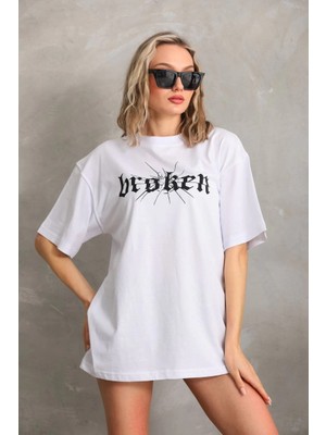 Glam Love Baskılı Oversize T-Shirt - Beyaz -