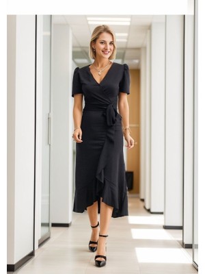 Aesco Kadın Kruvaze Yaka Midi Boy Kuşaklı Krep Elbise 120 cm