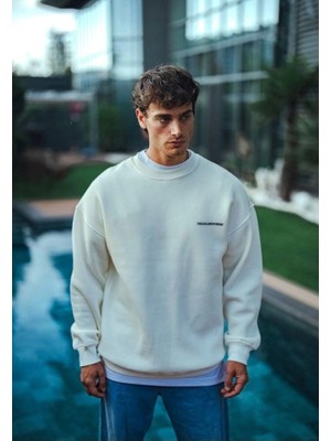 Aesco Kışlık Bisiklet Yaka Oversize Baskılı Sweatshirt - Beyaz
