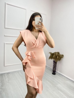 Aesco Scuba Kumaş Önü Fırfırlı Midi Boy Elbise