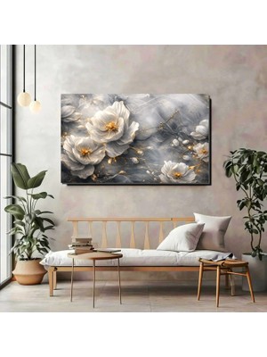 Artprinta Altın Detaylı Gri Beyaz Çiçek Kanvas Tablo – Modern ve Zarif Duvar Dekoru