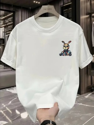 Aesco Baskılı Oversize Bisiklet Yaka T-Shirt - Beyaz