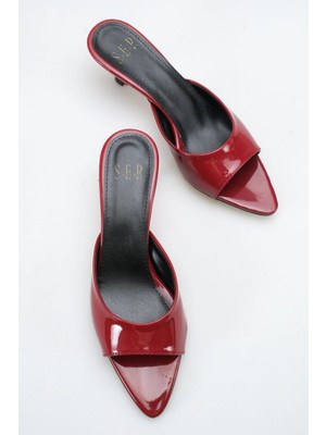 Sermoda Topuklu Kadın Terlik - 5 cm Ince Topuklu Sivri Burun Kadın Terlik Bordo Rugan