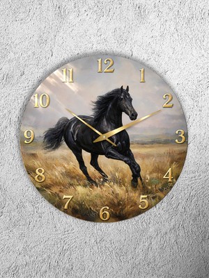 Olinpa Kırılmaz Cam Duvar Saati , Hem Tablo Hem Saat Yuvarlak Siyah Koşan At Temalı Ev Ofis Hediyesi