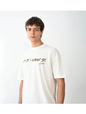 Aesco Unisex Bisiklet Yaka Baskılı Oversize T-Shirt - Beyaz