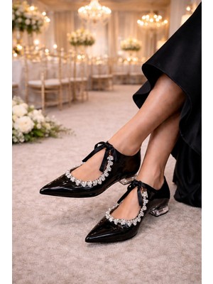 papucumun dünyası Taşlı Leopar ve Siyah  Sivri Burun Kadın Babet