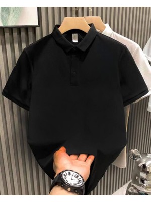 Aesco Yakası Düğmeli Yakalı Pike Düz T-Shirt - Siyah