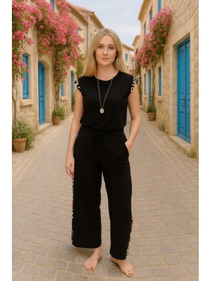 Aesco Kadın Yarasa Kol Dijital Baskı Detay Bluz ve Yanı Şerit Detay Kristal Kumaş Pantolon Ikili Takım