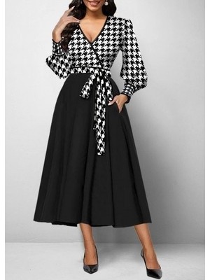 Aesco Kadın Uzun Kollu Kruvaze Yaka Dalgıç Krep Midi Boy Elbise