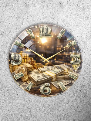 Olinpa Kırılmaz Cam Duvar Saati , Hem Tablo Hem Saat Yuvarlak Para Dolar Temalı Ev Ofis Hediyesi