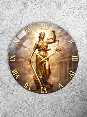 Olinpa Kırılmaz Cam Duvar Saati , Hem Tablo Hem Saat Yuvarlak Adalet Terazisi Temalı Ev Ofis Hediyesi