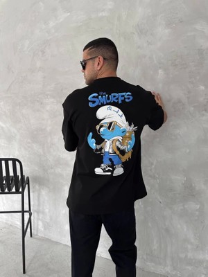 Aesco Ön ve Arka Baskılı Oversize Bisiklet Yaka T-Shirt- Siyah