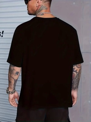 Aesco Baskılı Oversize Bisiklet Yaka T-Shirt - Siyah