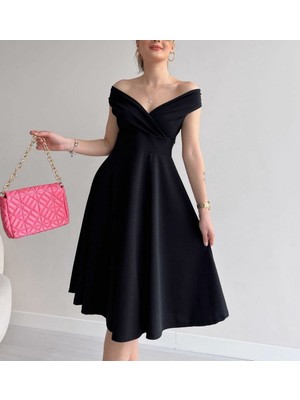 Aesco Kadın Kısa Kollu Kruvaze Yaka Eteği Volanlı Krep Elbise