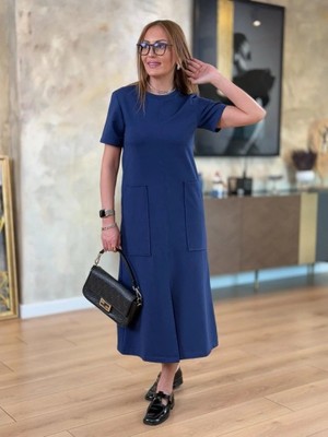 Aesco Kadın Kısa Kollu Bisiklet Yakalı Cepli Önden Yırtmaçlı Viskon Iki Iplik Midi Elbise