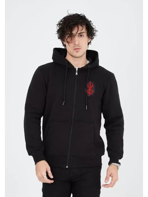 Aesco Unisex Baskılı Tam Fermuarlı Kapşonlu Sweatshirt - Siyah