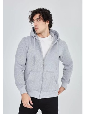 Aesco Unisex Tam Fermuarlı Kapşonlu  Sweatshirt - Gri