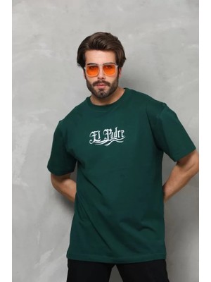 Aesco Unisex Bisiklet Yaka Baskılı Oversize T-Shirt - Yeşil