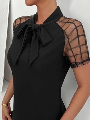 Aesco Kadın Kısa Kollu Boyundan Bağlamalı Omuzlarda Tül Detaylı Janjan Krep Elbise