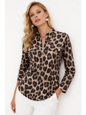 Aesco Kadın Uzun Kollu Hakim Yaka Yakadan Fermuarlı Geometrik Desenli Süprem Bluz