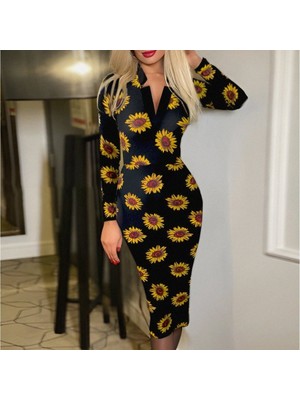 Aesco Kadın Uzun Kollu V Yaka Puantiyeli Krep Midi Boy Elbise