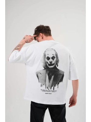 Aesco Unisex Bisiklet Yaka Baskılı Oversize T-Shirt - Beyaz