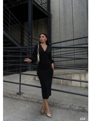 Aesco Kadın Uzun Kollu Kruvaze Yaka Büzgü ve Balon Kol Detay Krep Kumaş Maxi Boy Simli Elbise