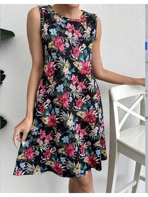 Aesco Kadın Renkli Çiçek Baskılı Süprem Elbise